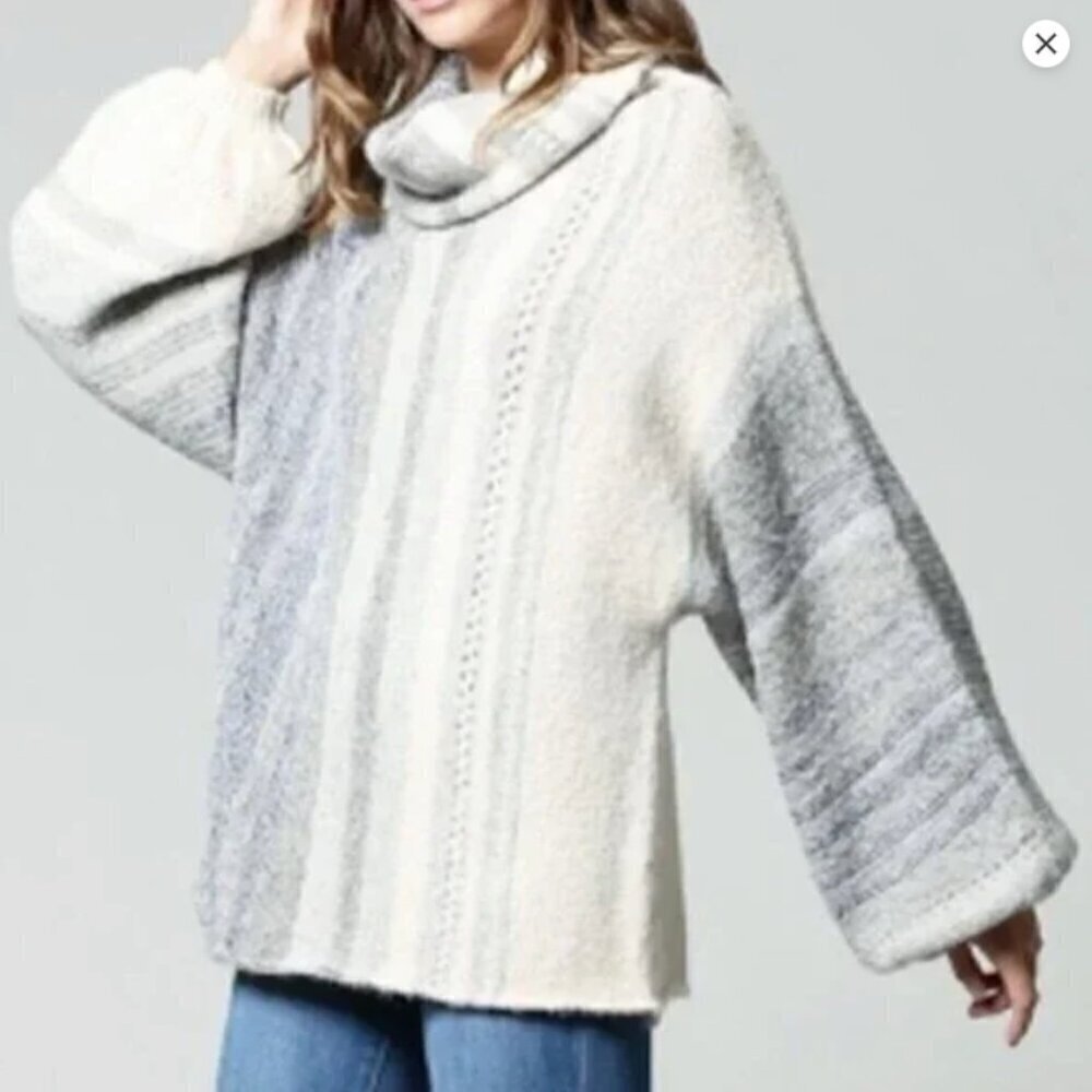 FATE Cowl Neck Sweater Medium Mohair Blend Blue Cream Womens Turtleneck